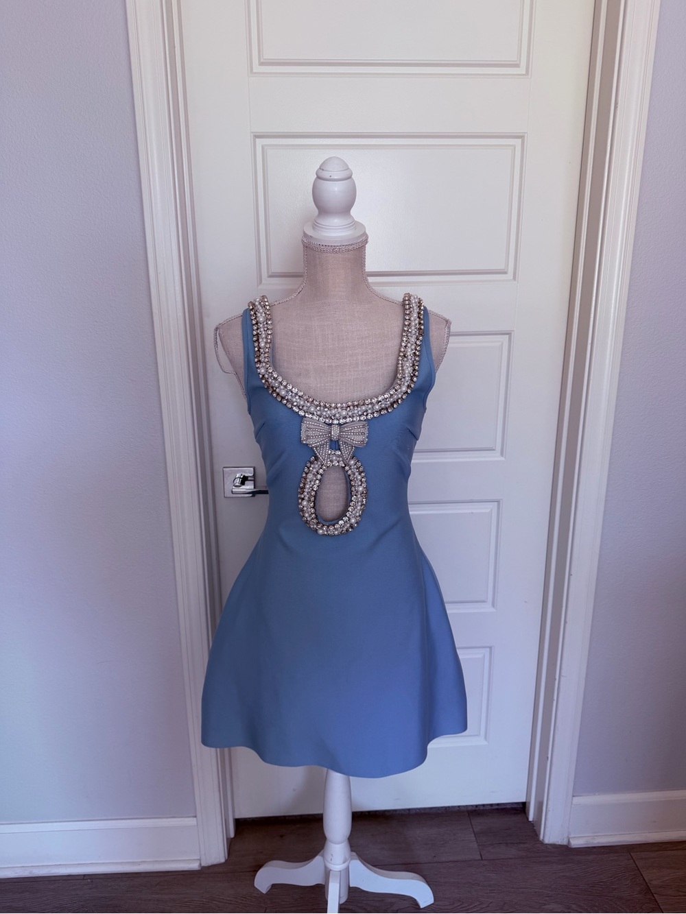 Embellished Scoop Neck Blue Dress with Pearl Detail